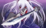 abstract_background anthro asian_clothing asian_sword black_nose clothed clothing east_asian_clothing fur grey_body grey_fur hair japanese_clothing jian kimono long_hair looking_at_viewer male melee_weapon red_eyes simple_background solo sword weapon white_body white_fur white_hair koi_(artist) canid canine fox mammal 16:10