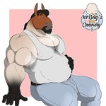 anthro big_pecs bodily_fluids bottomwear bulge clothing denim denim_bottomwear denim_clothing hand_on_belly jeans male musclegut muscular muscular_anthro muscular_male musk nipples pants pecs shirt sitting solo sweat sweat_stain tank_top topwear 1ceberg draft_horse equid equine horse mammal absurd_res hi_res