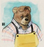 age_difference anthro apron black_nose brown_body brown_eyes clothed clothing facial_tuft female fur hair head_tuft mature_anthro older_anthro open_mouth shirt simple_background smile solo tongue topwear tuft themouthwashes beneath_the_trees_where_nobody_sees samantha_strong bear brown_bear grizzly_bear mammal ursine digital_drawing_(artwork) digital_media_(artwork) hi_res signature