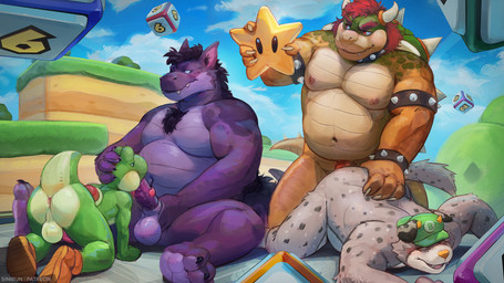 ahegao anthro anus backsack balls butt clothing erection fellatio genitals gesture gloves green_body hair handwear hat hat_only headgear headgear_only headwear headwear_only light locker looking_pleasured male male/male mostly_nude navel nipples nude open_mouth oral overweight overweight_male penile raised_tail red_hair sex smile spots super_star super_star_(mario) tail sinibun_95 mario_bros mario_party mario_party_(series) mythology nintendo bowser jaz_(laughingboye) nbdog yoshi_(character) canid canine canis dinosaur domestic_dog dragon felid feline green_yoshi koopa mammal mythological_creature mythological_scalie prehistoric_species reptile scalie yoshi 16:9 4k absurd_res colored digital_media_(artwork) hi_res lighting shaded widescreen nonbinary_(lore)