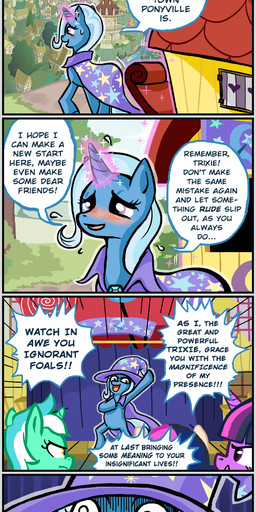 blue_body blue_fur blush bodily_fluids building cape clothed clothing female feral fur group hair hat headgear headwear horn house landscape magic multicolored_hair outside plant ponyville purple_body purple_eyes purple_fur stage sweat text tree vehicle wagon wizard_hat uzumaxi friendship_is_magic hasbro my_little_pony mythology bonbon_(mlp) lyra_heartstrings_(mlp) trixie_(mlp) twilight_sparkle_(mlp) equid equine mammal mythological_creature mythological_equine unicorn comic english_text hi_res