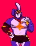 anthro big_ears bodypaint buckteeth eyebrows eyewear glasses male muscular nipples pecs raised_eyebrows solo teeth munsshy five_nights_at_freddy's scottgames fanmade_design_glamrock_bonnie glamrock_bonnie_(fnaf) lagomorph leporid mammal rabbit 2022 hi_res