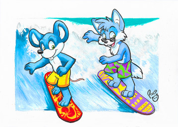 anthro black_nose blue_body blue_ears blue_fur boxers_(clothing) cheek_tuft clothed clothing eyewear facial_tuft fur glistening glistening_eyes glistening_nose green_eyes head_tuft logo male male_anthro open_mouth open_smile pink_tail smile solo standing sunglasses surfboard surfing swimming_trunks swimwear tail topless tuft underwear water wave white_body white_fur white_inner_ear young young_anthro young_male pandapaco canid canine mammal mouse murid murine rodent artist_logo signature