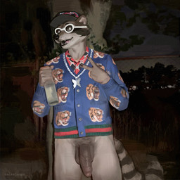 anthro balls baseball_cap beverage black_body black_fur bottomless bottomless_anthro bottomless_male casual_exposure claws clothed clothing drinking eyewear finger_claws foreskin fur genitals gesture glasses grey_body grey_fur hat headgear headwear humanoid_genitalia male markings night outside penis solo striped_body striped_fur striped_markings striped_tail stripes tail tail_markings tongue tongue_out mokejumps viktor_(rascaloons) mammal procyonid raccoon 1:1 hi_res