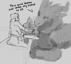4_arms anthro chess chess_piece claws clothing dialogue duo eyewear feral glasses horn larger_feral larger_male male male_anthro male_feral multi_arm multi_limb simple_background sitting size_difference smaller_anthro smaller_male tail text redishdragie mythology multum demon dragon mythological_creature mythological_scalie scalie english_text greyscale monochrome sketch