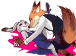 anthro clothing cummerbund dress duo female footwear fur green_eyes high_heels kneeling looking_at_viewer lying male shoes simple_background text white_background mitsuharu disney zootopia judy_hopps nick_wilde canid canine fox lagomorph leporid mammal rabbit red_fox true_fox low_res