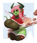 2019 amber_eyes bell big_breasts black_sclera bottomless breasts christmas christmas_clothing christmas_headwear clothed clothing container cookie cup demon female food green_body green_skin hair hat headgear headwear hi_res holidays horn huge_breasts humanoid humanoid_pointy_ears kanel leaning leaning_forward legwear long_hair looking_at_viewer milk not_furry open_mouth open_smile pink_hair plate santa_hat smile solo thick_thighs thigh_highs vera_(nyxon)