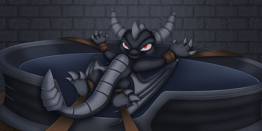 2_horns 3_toes 4_fingers ambiguous_gender back_wings black_body black_scales bound brick brick_wall captured claws countershading detailed_background feet feral finger_claws fingers floor folded_wings grey_body grey_claws grey_countershading grey_horn horn lying male membrane_(anatomy) membranous_wings multicolored_body on_back pupils red_eyes scales solo spread_arms spread_legs spreading tail tapering_tail toe_claws toes two_tone_body ventral_scales wall_(structure) wings wood wood_floor cyadical activision european_mythology mythology skylanders skylanders_academy spyro_the_dragon dark_spyro spyro dragon mythological_creature mythological_scalie scalie western_dragon 2026 digital_drawing_(artwork) digital_media_(artwork) full-length_portrait hi_res portrait shaded soft_shading male_(lore)