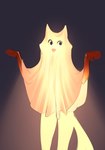 ambiguous_gender anthro bedsheet_ghost biped black_background blue_eyes brown_body brown_fur daww fur ghost_costume gloves_(marking) glowing glowing_body glowing_fur markings multicolored_body multicolored_fur simple_background solo standing subsurface_scattering thick_thighs translucent two_tone_body two_tone_fur yellow_body yellow_fur discreet_user mylar_(discreet_user) canid canine fox fyre_fox mammal 2022 digital_media_(artwork) hi_res female_(lore)