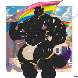 abs anthro bulge clothing egyptian jockstrap lgbt_pride male muscular muscular_anthro muscular_male nipples pansexual_pride_colors pecs pink_nipples pride_colors solo standing underwear unknown_artist lexa_pharaoh canid canine canis jackal mammal 1:1 absurd_res hi_res
