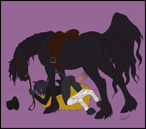 all_fours animal_genitalia animal_penis anthro anthro_on_feral anus backsack balls bent_over bestiality big_penis black_body black_border black_fur black_hair blue_hair border bottomless bottomwear bottomwear_down bridle brown_eyes butt clothed clothing doggystyle dominant duo equine_genitalia equine_penis erection female female_on_feral feral from_behind_position fur genitals grey_body grey_fur hair hat hay hay_bale headgear headwear hooves interspecies intraspecies intraspecies_bestiality larger_dom larger_male looking_down looking_up male male/female male_on_anthro mane mount mount/rider_relations nude pants pants_down partially_clothed penis presenting presenting_hindquarters raised_tail red_eyes reins role_reversal saddle sex size_difference smaller_female tail teeth vulva quillu equid equine horse mammal 2012 digital_media_(artwork) hi_res
