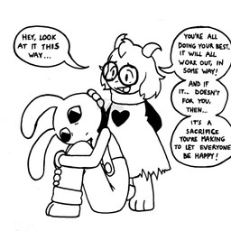 anthro biped clothed clothing curled_up depression dialogue duo eyewear fetal_pose fur glasses headpat heart_symbol male scarf size_difference smile smiling_at_another speech_bubble talking_to_another teeth_showing text wearing_glasses mijumewandco deltarune glitch_productions the_amazing_digital_circus undertale_(series) jax_(tadc) ralsei bovid caprine darkner goat lagomorph leporid mammal rabbit 1:1 2026 black_and_white crossover digital_drawing_(artwork) digital_media_(artwork) english_description english_text hi_res monochrome signature watermark