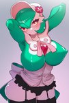 big_breasts blush breasts clothing female garter_straps green_hair hair hat headgear headwear holowear_(pokemon) legwear not_furry panties solo thigh_highs underwear onikuman nintendo pokemon pokemon_unite fashionable_style_gardevoir gardevoir generation_3_pokemon pokemon_(species) hi_res