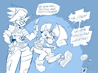 anthro arms_tied ball_gag bdsm bondage bondage_gear bound clothing duo feet female female/female footwear gag gagged restraints rope rope_bondage socks text oddjuice activision crash_bandicoot_(series) coco_bandicoot pirate_tawna bandicoot mammal marsupial blue_and_white english_text hi_res monochrome