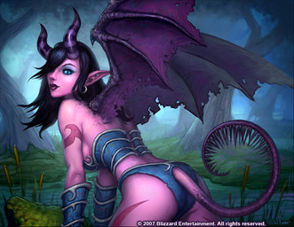 black_hair blue_clothing breasts butt clothing ear_piercing ear_ring female forest hair horn humanoid_pointy_ears looking_at_viewer looking_back looking_back_at_viewer membrane_(anatomy) membranous_wings not_furry piercing plant pointy_ears ring_piercing river smile solo tree water wings glenn_rane blizzard_entertainment warcraft world_of_warcraft_trading_card_game demon demon_humanoid humanoid succubus_(warcraft) 2007 official_art