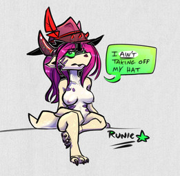anthro breasts claws clothing dialogue female green_eyes hair hat hat_only headgear headgear_only headwear headwear_only horn looking_at_viewer medium_breasts mostly_nude mostly_nude_anthro mostly_nude_female nipples non-mammal_breasts non-mammal_nipples pink_hair purple_hair scar scars_all_over simple_background solo speech_bubble tail tan_body text runicknight esmeralda_(runicknight) kobold lizard reptile scalie digital_media_(artwork) english_text