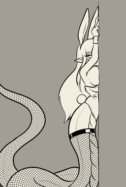 apode big_breasts breast_squish breasts fake_ears fake_rabbit_ears fake_rabbit_tail fake_tail female hair humanoid_pointy_ears leaning_on_wall legless looking_at_viewer pointy_ears serpentine solo split_form squish tail zedrin garter_(zedrin) draconcopode lamia reptile scalie snake hi_res monochrome