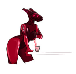 anthro arched_back beverage big_breasts big_butt bodily_fluids boost_energy_drink breasts butt container cup female holding_breast lactating lactating_soda liquid looking_at_another machine monster_energy_logo red_body simple_background soda solo tailless text thick_thighs unusual_bodily_fluids unusual_lactation temnelc robot_anthro synth_(vader-san) absurd_res hi_res