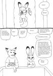 anthro baby clothing female group male simple_background speech_bubble text toy_carrot white_background young young_anthro bernielover disney zootopia bibi_wilde judy_hopps nick_wilde canid canine fox hybrid lagomorph leporid mammal rabbit red_fox true_fox comic english_text hi_res monochrome