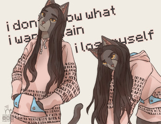 anthro brown_body brown_fur brown_hair cheek_tuft clothing costume facial_tuft female fur hair hoodie inner_ear_fluff long_hair multicolored_body orange_eyes pink_clothing pink_hoodie pink_topwear pockets sad solo tail text text_on_clothing topwear tuft two_tone_body ocelotka microsoft the_elder_scrolls ocelotka_(ocelotka) felid feline khajiit mammal digital_media_(artwork) english_text half-length_portrait portrait
