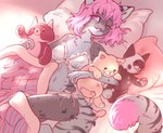 anthro bed belly breasts clothing cuddling_plushie female fluffy fur furniture hair lying markings multi_nipple navel nipples on_back on_bed pillow pink_eyes pink_hair plushie small_breasts smile smiling_at_viewer solo spots spotted_body spotted_fur striped_body striped_fur stripes white_belly littlesis fynnley_(character) domestic_cat felid feline felis mammal mixed_breed savannah_cat hi_res