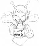 4_fingers antennae_(anatomy) anthro clothing dress eyelashes female fingers hair happy humanoid_pointy_ears open_mouth open_smile pointy_ears sign smile solo text young young_anthro young_female smekbo samurai_jack hali_(character) alien canid canine emoji_(race) mammal black_and_white english_text monochrome