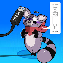 anthro blush bodily_fluids electronics fur kerchief male neckerchief neckwear purple_body purple_eyes purple_fur solo sweat usb usb_cable knowdwagon indigo_park rambley_raccoon digital_creature mammal procyonid raccoon 1:1 hi_res