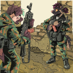 ak_platform anthro assault_rifle belt belt_pouch boots building camo camo_clothing camo_print clothing duo female footwear gun holding_gun holding_object holding_ranged_weapon holding_rifle holding_weapon looking_at_another looking_forward male male/female military military_uniform open_mouth pattern_clothing ranged_weapon rifle ruins shoes tail teeth teeth_showing uniform weapon yellow_eyes mawkvlt 1:1 hi_res