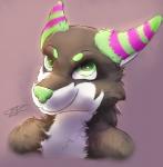 anthro black_body black_fur fur green_body green_eyes green_fur green_nose multicolored_body multicolored_fur nude pink_body pink_fur simple_background smile solo two_tone_body two_tone_fur colorfulhoovednights paxie canid canine canis mammal wolf 2015 bust_portrait portrait signature