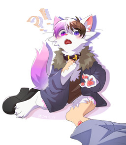 4_fingers 4_toes ambiguous_gender barefoot blush claws collar digitigrade feet fingers fur fur_growth growth inner_ear_fluff interrobang mid_transformation pawpads paws pink_nose pink_pawpads shrinking size_transformation soles solo species_transformation toes transformation tuft whiskers terri_the_dragon domestic_cat felid feline felis human mammal absurd_res hi_res