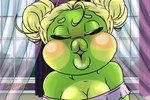 anthro blonde_hair eyebrows eyelashes eyes_closed female first_person_view green_body green_skin hair incoming_kiss inside kissing kissing_pov kissy_face lips pigtails puckered_lips solo thick_lips window tekandprieda_(artist) the_rune_tapper penny_(tekandprieda) amphibian frog 2022 digital_media_(artwork) story_at_source