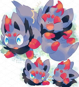 ambiguous_gender angry blue_eyes bodily_fluids bumping duo emanata eyes_closed fangs feral fur grey_body grey_fur happy open_mouth paws surprised sweat sweatdrop tail teeth zoroa553 nintendo pokemon canid canine generation_5_pokemon mammal pokemon_(species) zorua 2025 absurd_res hi_res