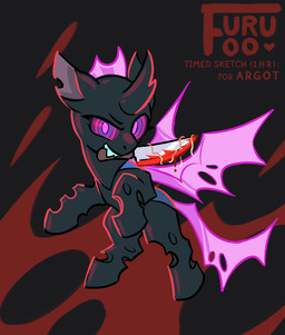fake_blood fangs flying food holding_in_mouth horn insect_wings knife notched_ear pasta sharp_teeth spaghetti teeth unicorn_horn wings young furufoo friendship_is_magic hasbro my_little_pony arthropod changeling hole_(disambiguation)
