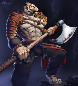 4_toes 5_fingers abs anthro axe barefoot biceps biped black_stripes blood blood_on_hand blood_on_weapon bodily_fluids bulge clothed clothing digitigrade feet fingers fur holding_axe holding_object holding_weapon legwear male manly melee_weapon muscular muscular_anthro muscular_male orange_body orange_fur pecs solo striped_body striped_fur stripes toes weapon eruca felid mammal pantherine tiger digital_media_(artwork) digital_painting_(artwork) hi_res painting_(artwork) shaded
