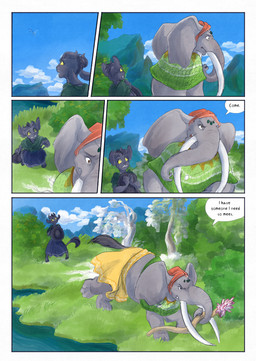 ambiguous_gender anthro biped black_body black_fur black_tail blue_sky clothed clothing cloud day dialogue duo fur grass grey_body hat headgear headwear holding_object male outside plant proboscis_(anatomy) river sky speech_bubble tail text tree trunk_(anatomy) water bjekkergauken imbali_(bjekkergauken) isilo_(bjekkergauken) arthropod elephant elephantid insect mammal proboscidean unknown_species 2025 comic english_text hi_res