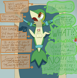 balls bdsm bodily_fluids bondage bound chastity_cage chastity_device crying cum edging genital_fluids genitals lying male medical_bondage offscreen_character on_back penis restrained restraints solo tears text emesis_nemesis nintendo pokemon generation_5_pokemon pokemon_(species) snivy english_text hi_res