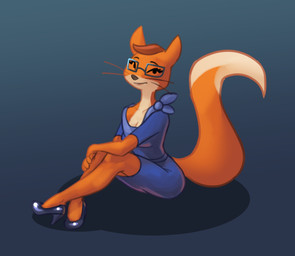 anthro blue_clothing blue_dress blue_scarf clothing countershade_face countershade_torso countershading dipstick_tail dress eyelashes eyewear female footwear fur glasses head_tuft high_heels markings mascot orange_body orange_fur scarf shoes sitting smile solo tail tail_markings tuft whiskers siroc foxie_group_pty_ltd foxie_(foxie_group_pty_ltd) canid canine fox mammal red_fox true_fox 2019 digital_drawing_(artwork) digital_media_(artwork)
