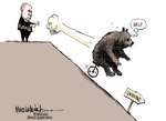 ambiguous_gender black_nose brown_body brown_fur claws cliff clothing duo feral fur male political_cartoon politics pushing road_sign russia russian simple_background suit text thought_bubble ukraine unicycle vehicle war white_background mike_luckovich russo-ukrainian_war vladimir_putin bear human mammal 2022 absurd_res english_text hi_res