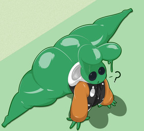anthro big_butt black_sclera blue_eyes bottom_heavy bottomless bottomless_anthro bottomless_male butt clothed clothed_anthro clothed_male clothing flexible green_body huge_butt jacket male male_anthro pantsless question_mark slime solo splits spread_legs spreading topwear bloocherrypie slime_bun_(faststacksunderscore) goo_creature lagomorph leporid mammal rabbit 2024 digital_media_(artwork) hi_res
