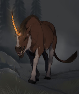 bodily_fluids drooling feral fur glowing glowing_horn horn male open_mouth saliva solo tail teeth soulless_lumos death_of_a_unicorn mythology broderick_longshanks broderick_longshanks_(brod-icorn) equid equine horse mammal monster mythological_creature mythological_equine unicorn digital_media_(artwork) hi_res