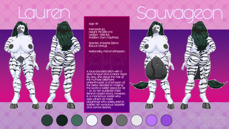 abs animal_genitalia animal_penis anthro balls big_balls big_breasts big_butt big_penis breasts butt color_swatch equine_genitalia equine_penis eyebrows eyelashes flaccid flirting_look front_and_back front_view genitals green_hair gynomorph hair hand_on_hip hooves huge_balls huge_breasts huge_penis intersex lips long_hair mature_intersex muscular muscular_intersex nude_intersex penis profanity purple_eyes raised_eyebrow rear_view slight_smile smug solo stripes tail tail_tuft text tuft vein veiny_penis wavy_hair equidproquo lauren_sauvageon equid equine mammal zebra character_name english_text hi_res model_sheet