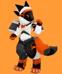 anthro black_ears carbon_fiber claws clothing floating_limbs fur gas_tank gloves handwear knee_brace machine male motorcycle orange_background orange_eyes radiator simple_background solo vehicle white_body white_fur ittybittiestpawz enduro_(character) protogen absurd_res full-length_portrait hi_res portrait