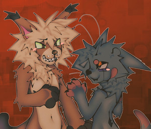 anthro blush brown_body brown_fur duo ears_up fur grey_body looking_at_another male male/male multicolored_body multicolored_fur piercing smile suggestive tail aofilla lucaowoo arthropod blattodean canid canine cockroach felid feline hybrid insect mammal hi_res