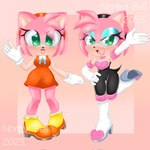 accessory anthro armor bodysuit boots breastplate clothing cosplay dress duo eyeshadow female footwear gloves hair_accessory hairband handwear high_heeled_boots high_heels makeup shoes skinsuit tight_clothing normabellart sega sonic_the_hedgehog_(series) amouge amy_rose rouge_the_bat eulipotyphlan hedgehog mammal 1:1 hi_res