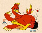 anthro beak big_butt butt butt_fetish copyright_symbol crouching duo face_in_ass facesitting feathers feet female green_eyes heart_symbol interspecies logo male red_body red_feathers simple_background sitting_on_another symbol tail talons text toes hoosierman9911a banjo-kazooie rareware fan_character kazooie avian bird human mammal 2025 absurd_res artist_logo artist_name dated digital_drawing_(artwork) digital_media_(artwork) hi_res signature sketch