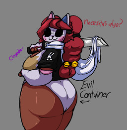 bell bell_accessory big_breasts big_butt bodysuit breasts butt cape clothing costume feline_ears female hair mask melee_weapon rear_view red_hair skinsuit solo sword tight_clothing topwear weapon clovedex evil_container key_(clovedex) felid feline human mammal meme
