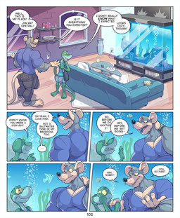 4_fingers 4_toes anthro apartment aquarium bag barefoot big_bulge big_muscles big_pecs black_nose blockage_(layout) blue_clothing blue_shirt blue_tank_top blue_topwear bodily_fluids book border bottomwear bracelet brown_bottomwear brown_clothing brown_pants buckteeth bulge bulge_size_difference claws clothed clothed_anthro clothed_male clothing countershade_face countershading covering covering_mouth covering_own_mouth covering_self dialogue door duo feet feral fingernails fingers fish_tank five_frame_image fully_clothed fur furniture green_body green_eyes green_skin grey_body grey_bottomwear grey_clothing grey_fur grey_shorts huge_bulge inside jewelry larger_anthro larger_male lightened_palms living_room looking_at_another looking_up male male/male muscular muscular_anthro muscular_male nails name_drop name_in_dialogue nipple_outline opening_door pants pec_cleavage pecs purple_clothing purple_shirt purple_t-shirt purple_topwear shirt shorts shy size_difference slim slim_anthro slim_male smaller_anthro smaller_male sofa speech_bubble standing sweat t-shirt tail tan_body tan_skin tank_top teeth text time toe_claws toenails toes topwear v-neck vivarium white_border wristband yellow_sclera anti_dev jim_rat tripp_(anti_dev) ambient_fish ambient_sealife anole aquatic fish lizard mammal murid murine rat reptile rodent scalie 2026 colored comic digital_drawing_(artwork) digital_media_(artwork) english_text hi_res shaded