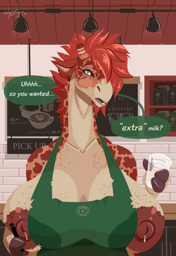 anthro apron apron_only areola bar big_breasts biped bodily_fluids breasts brown_areola clothing container cup currency_symbol dialogue dollar_sign dual_holding female green_apron green_clothing green_eyes hair holding_container holding_cup holding_glass holding_object holding_pen holding_writing_utensil huge_breasts inside lactating milk mostly_nude nipples one_eye_obstructed pen red_hair solo speech_bubble symbol text writing_utensil year nightargen i_mean_breast_milk annais_gingerman_(cpt.maverick) giraffe giraffid mammal 2021 absurd_res english_text hi_res meme signature