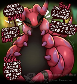 ambiguous_gender big_butt black_body blush butt butt_from_the_front emanata eyes_closed feral front_view happy heart_symbol horn huge_butt logo lying master motion_lines multicolored_body on_front purple_body red_body solo talking_to_viewer text presialexander nintendo pokemon generation_5_pokemon pokemon_(species) scolipede 2025 artist_logo artist_name english_text hi_res signature male_(lore)