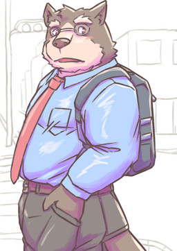 anthro backpack bottomwear brown_body clothing eyewear glasses kemono male necktie outside pants shirt solo topwear misterdonn canid canine canis domestic_dog mammal 2024